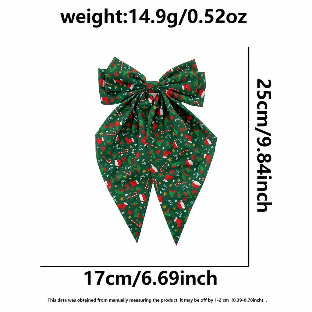 Christmas Print Bow Hair Clips — bow dimensions and individual product weight