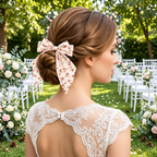 Christmas Print Bow Hair Clips — white printed bow worn in a hairstyle