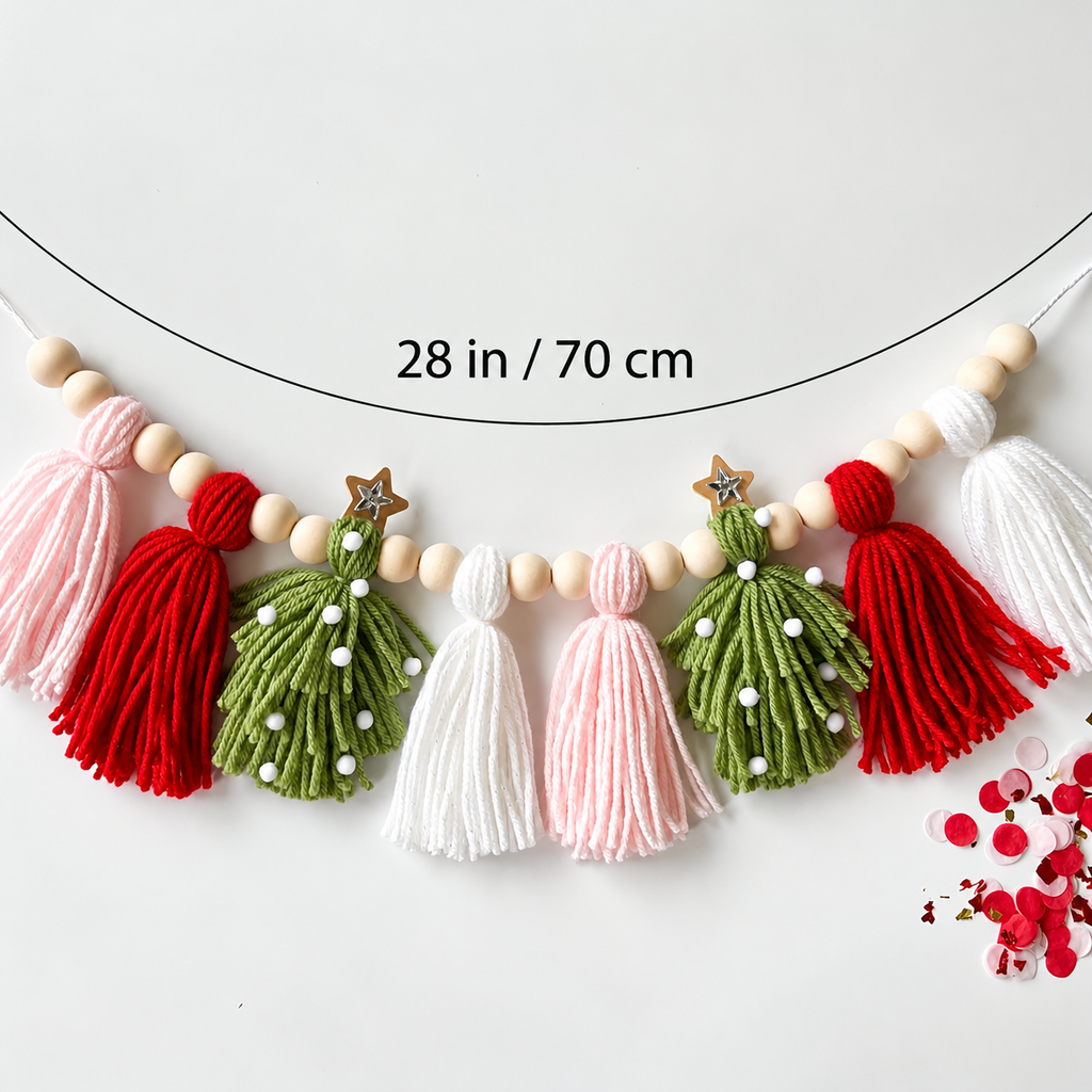 Christmas tassel garland dimension guide showing its approximate 28 inch length.