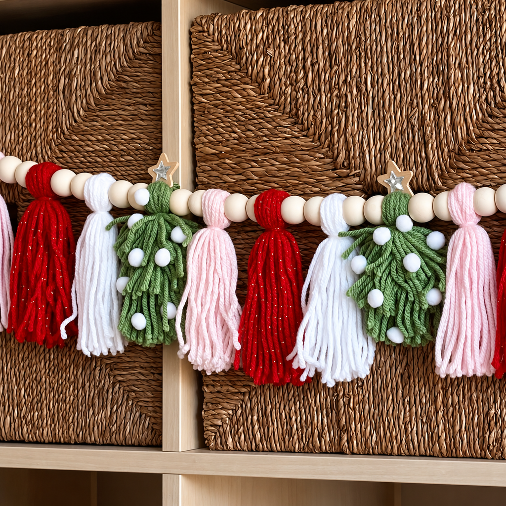 Christmas tassel garland displayed against a woven chair.