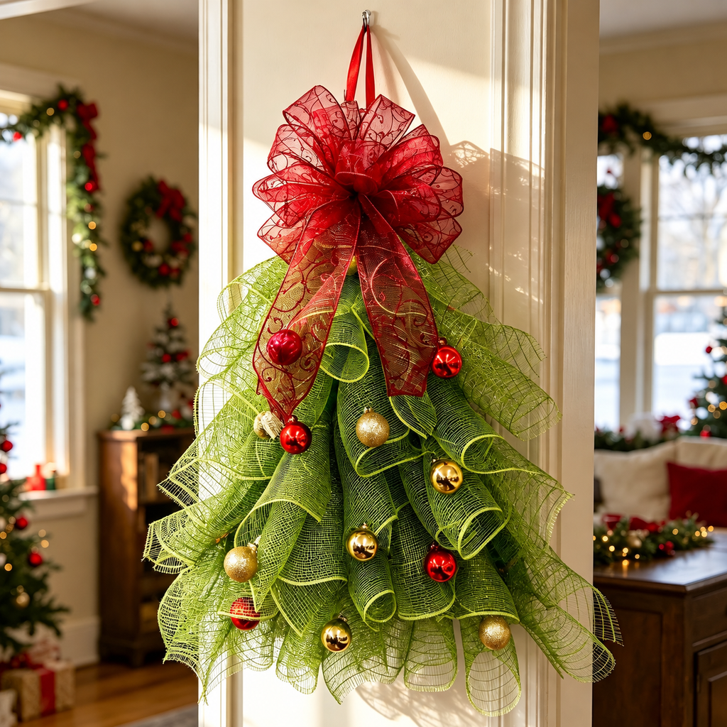Green mesh Christmas tree shaped hanging decoration with red bow in a doorway