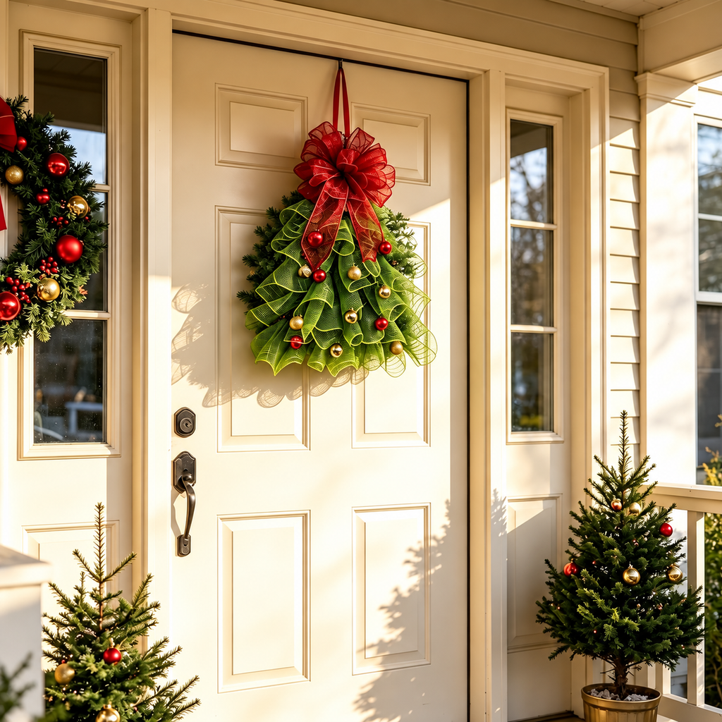Green mesh Christmas tree hanging wreath displayed on a front door