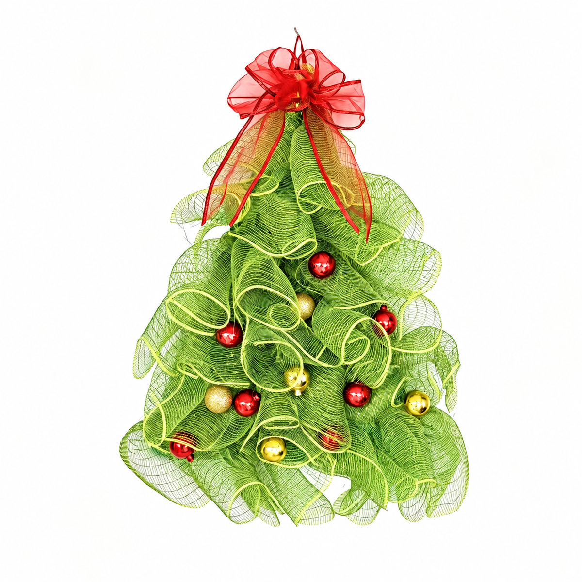 Green mesh Christmas tree decoration with red bow and red and gold baubles on white