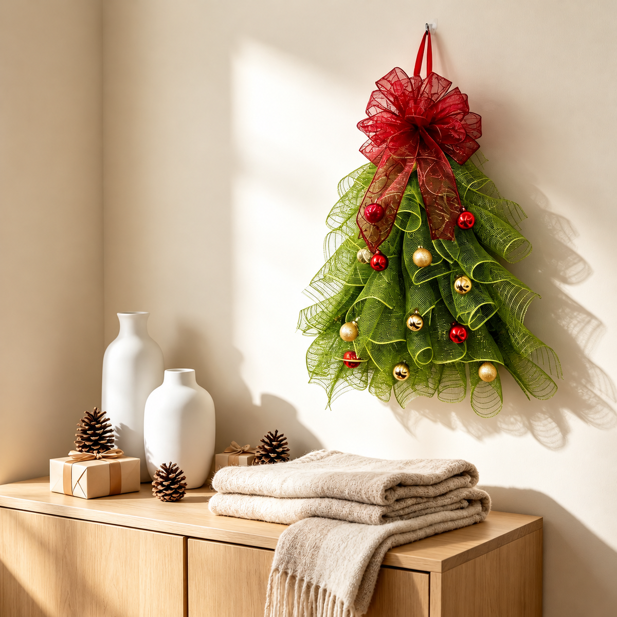 Tree shaped green mesh hanging decoration above a console table