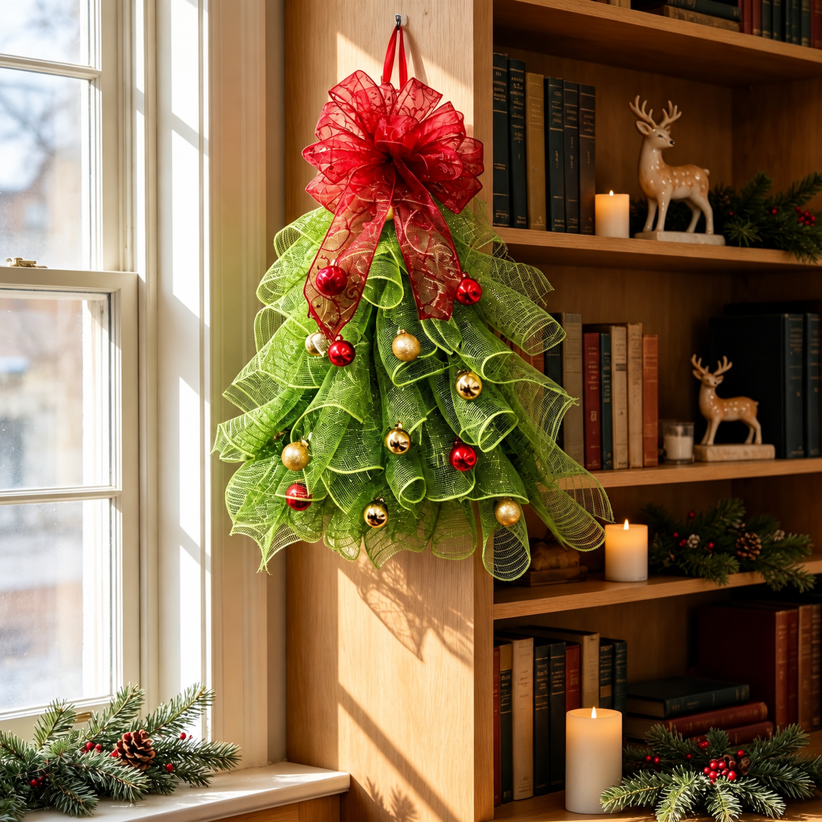 Green mesh tree shaped Christmas wreath hanging beside a window