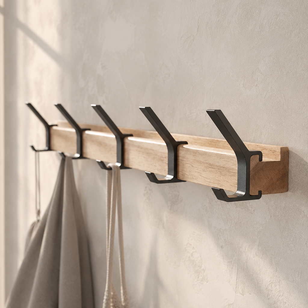 Five-hook black coat rack with natural wood rail and neutral garments.
