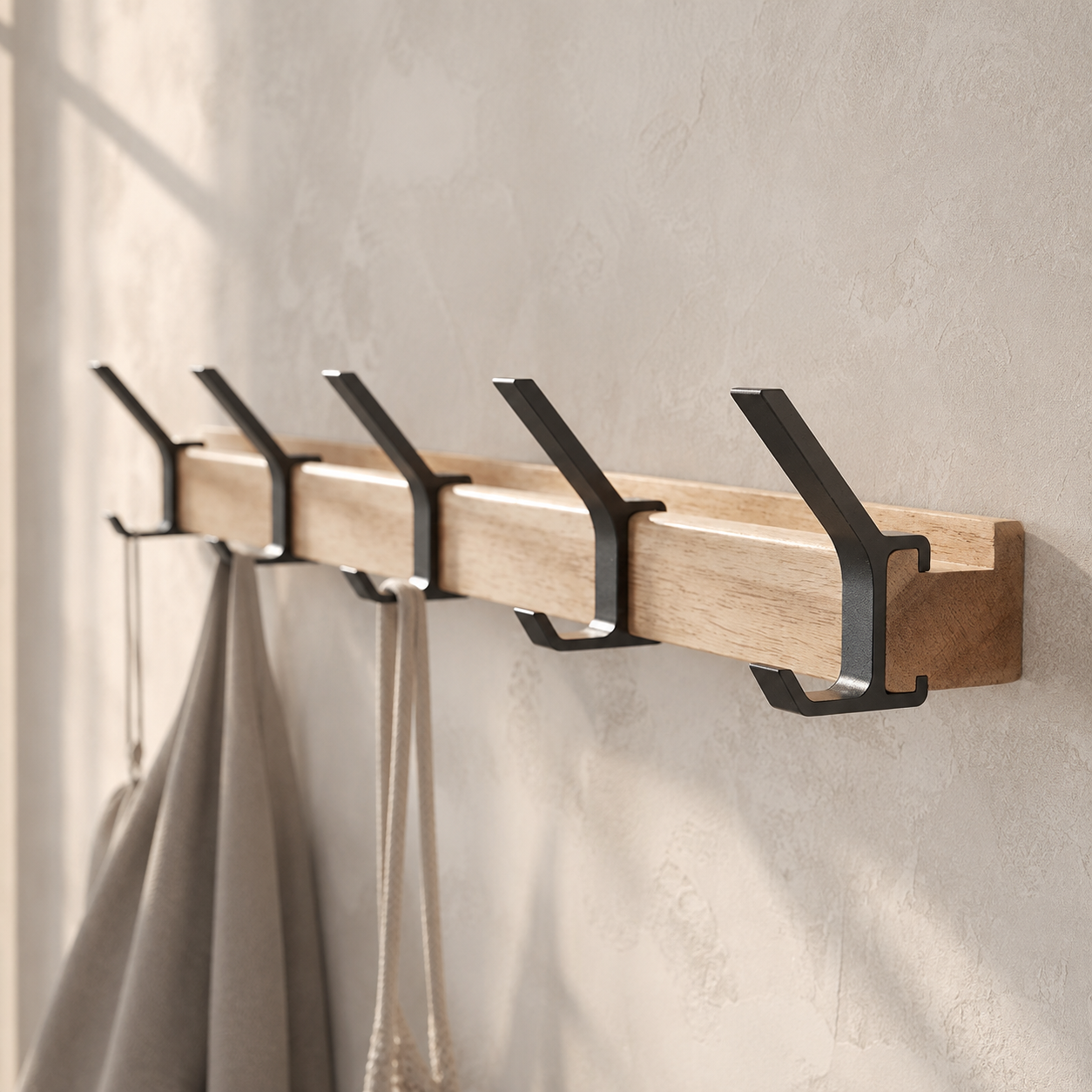 Five-hook black coat rack with natural wood rail and neutral garments.