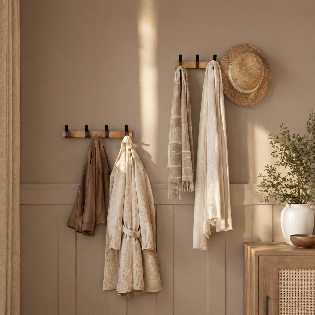 Two wall coat racks organizing robes, scarves and a woven hat.