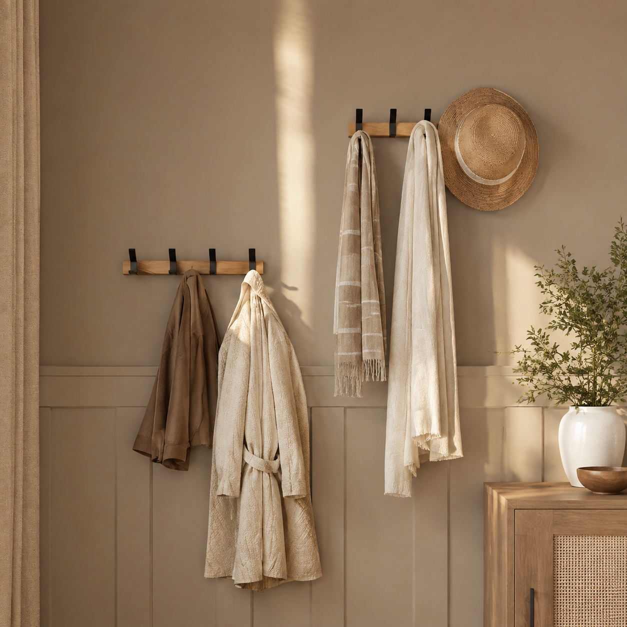 Two wall coat racks organizing robes, scarves and a woven hat.