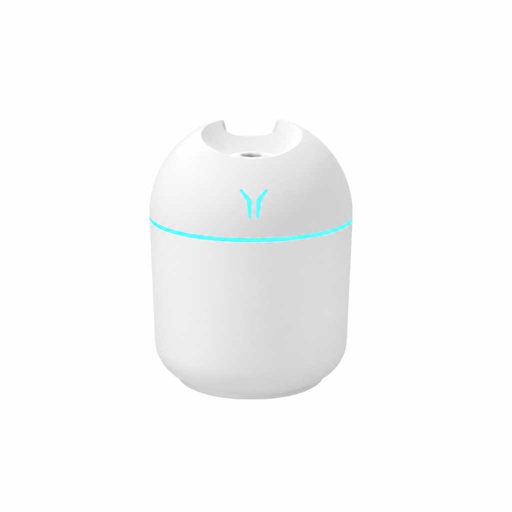 White rounded humidifier with a pale aqua light ring on a white background