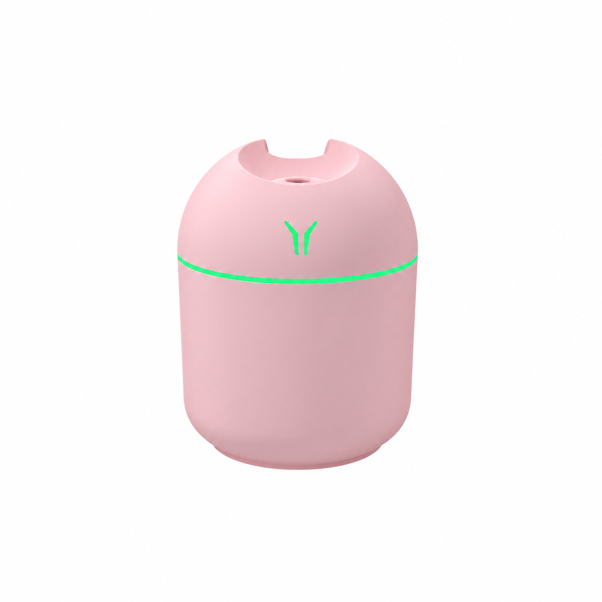 Pink rounded humidifier with a green light ring on a white background