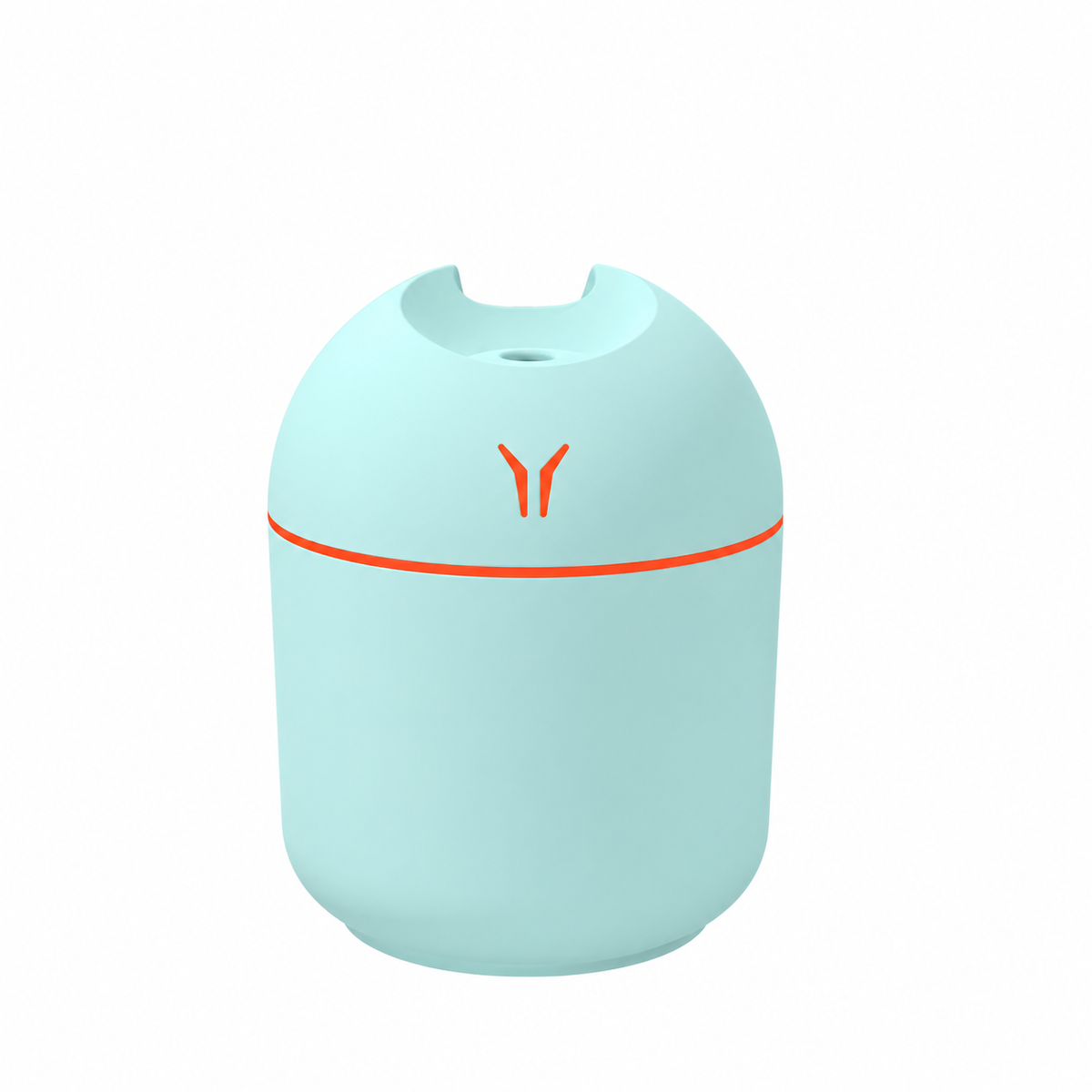 Pale blue rounded humidifier with an orange light ring on a white background