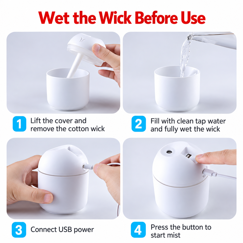 Humidifier setup collage showing wick preparation, filling, USB power and button control