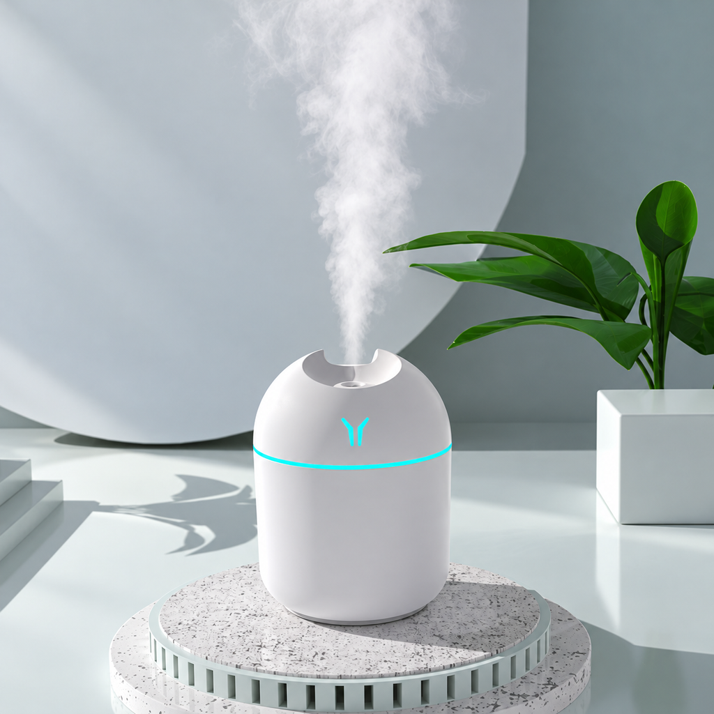White humidifier releasing mist on a patterned stand beside a plant