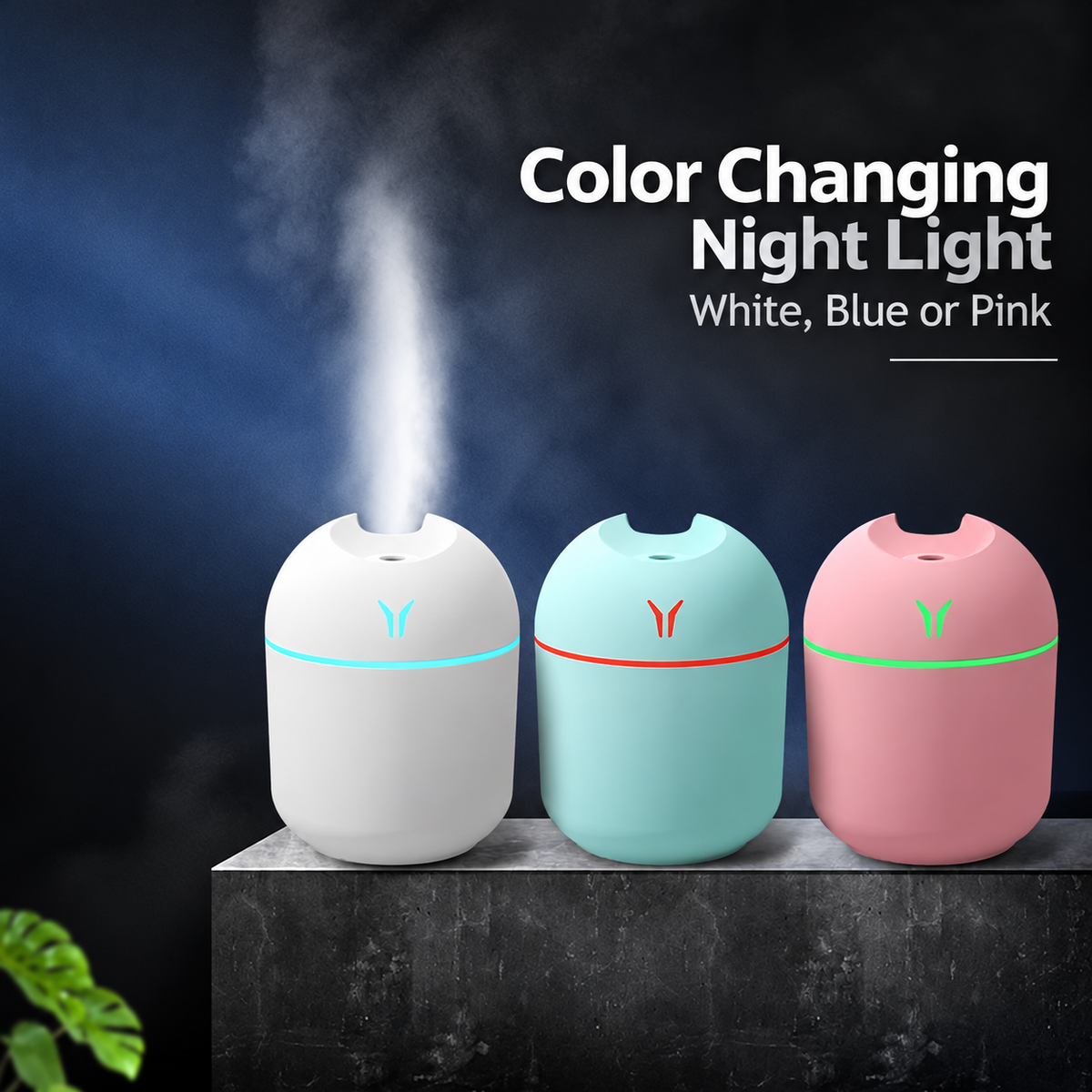 White, blue and pink humidifier finishes with a color changing night light