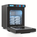 Black five liter towel warmer cabinet with the door open and folded towels inside