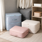 multicolor compression storage bags arranged in a bright US closet