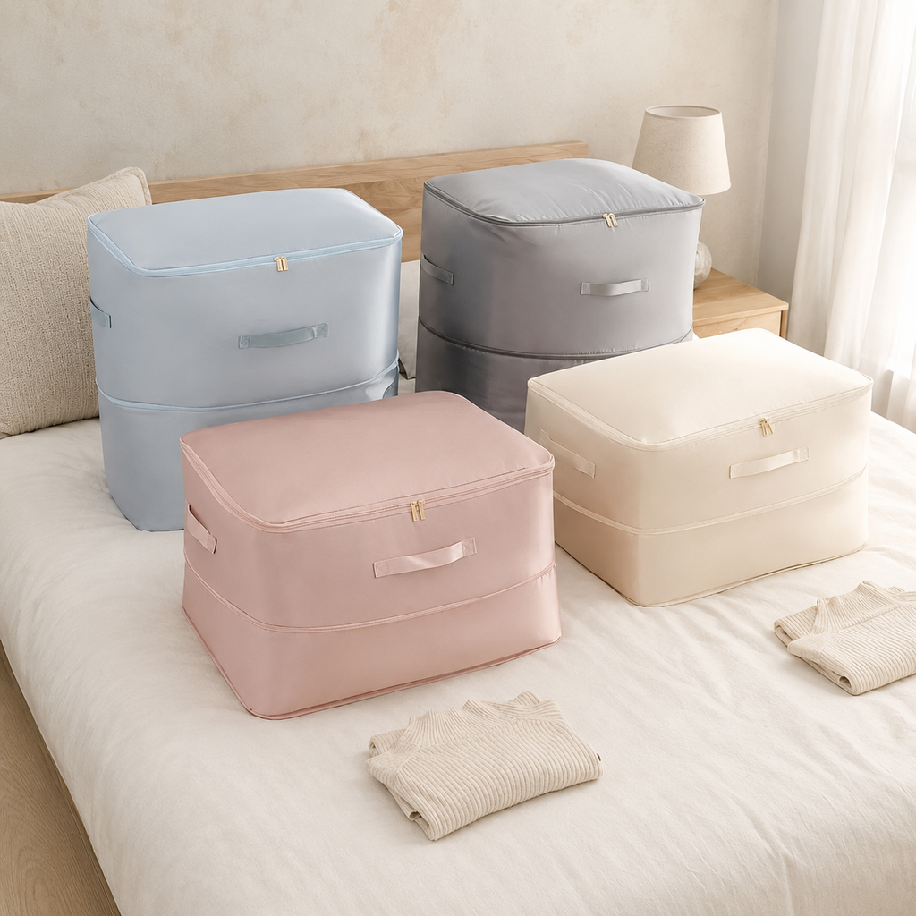 multicolor compression storage bags displayed on a neatly made bed
