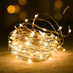 Warm white copper wire fairy lights coiled inside a clear glass bowl