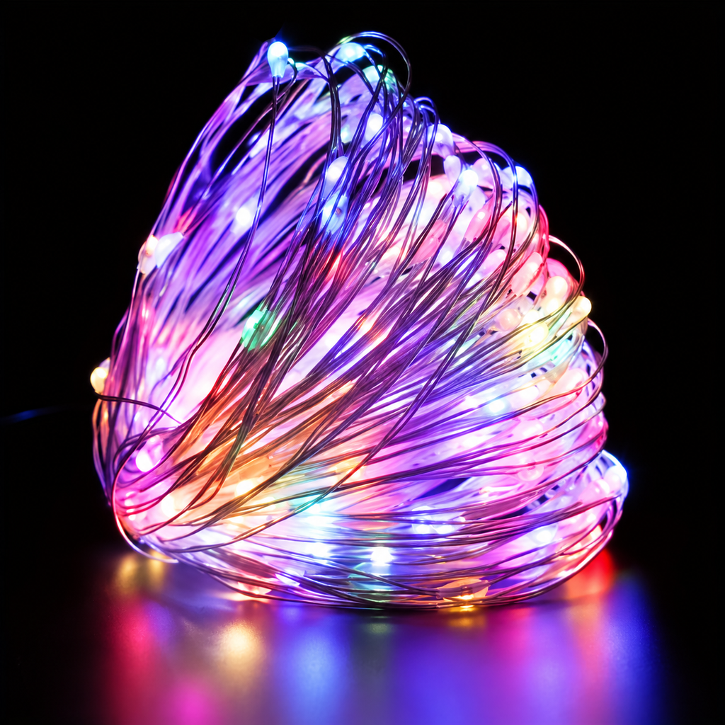 Multicolor copper wire fairy lights illuminated in a close-up coil.