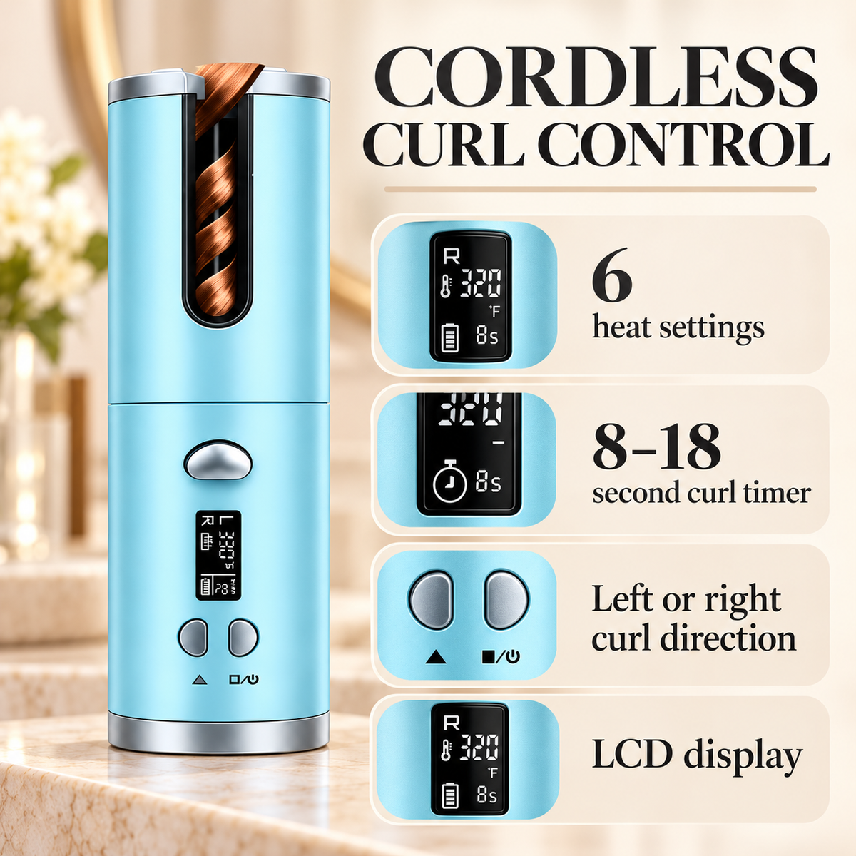 Cordless curler with heat settings timer direction and LCD information