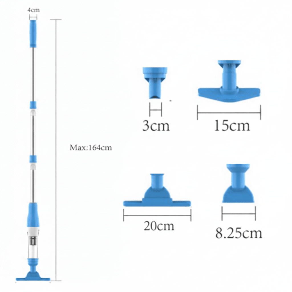 Cordless pool vacuum shown in a dimension diagram with the three brush head widths.
