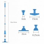 Cordless pool vacuum shown in a dimension diagram with the three brush head widths.