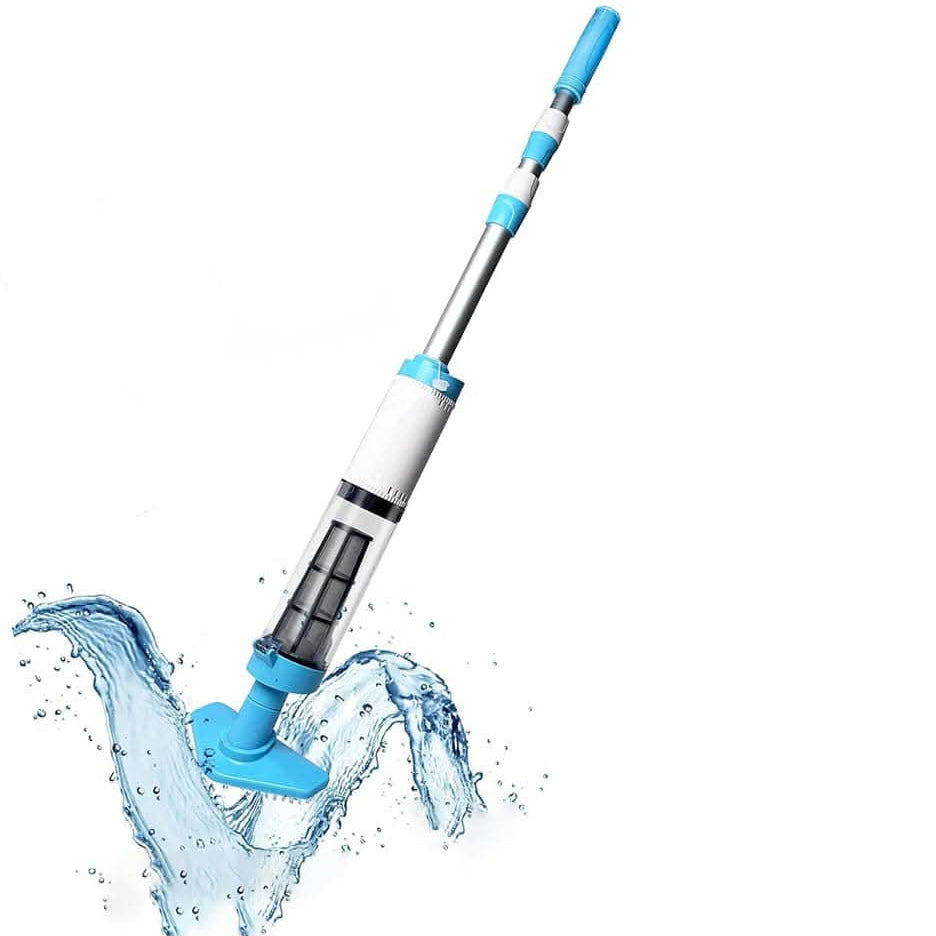 Cordless pool vacuum with a blue cleaning head and telescopic pole isolated on white.