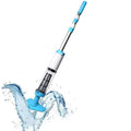 Cordless pool vacuum with a blue cleaning head and telescopic pole isolated on white.