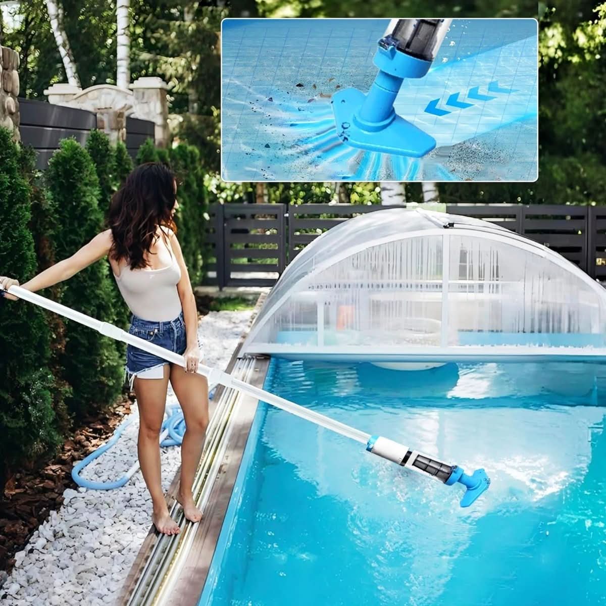 Cordless pool vacuum being used from poolside with an inset of the brush head.