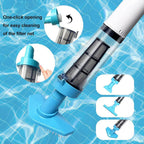 Cordless pool vacuum shown in a diagram of the removable filter and three brush heads.