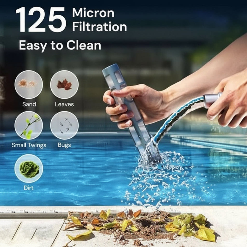 Cordless pool vacuum shown rinsing the reusable 125-micron filter.