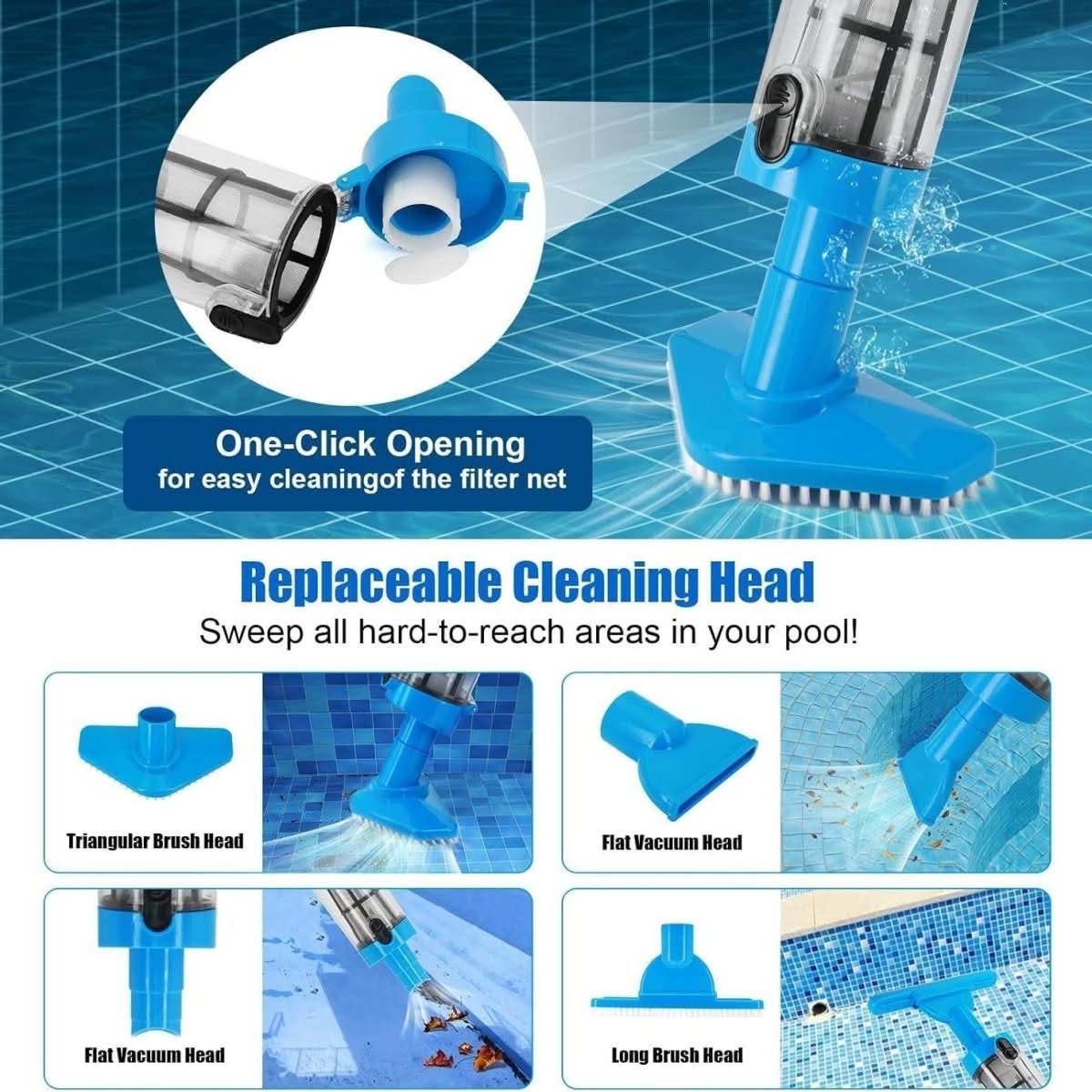 Cordless pool vacuum shown with the interchangeable pool cleaning heads.