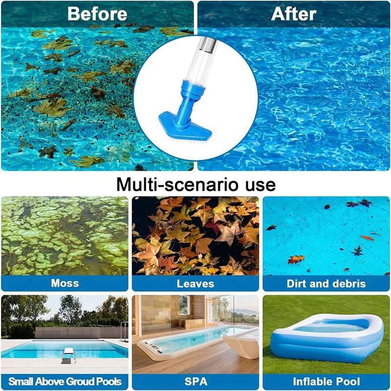 Cordless pool vacuum shown across pools and spas in a multi-scenario use chart.