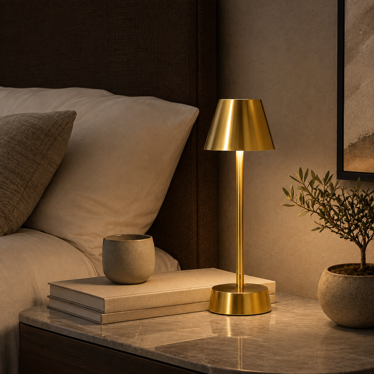 Brass cordless table lamp on a stone nightstand in a walnut bedroom