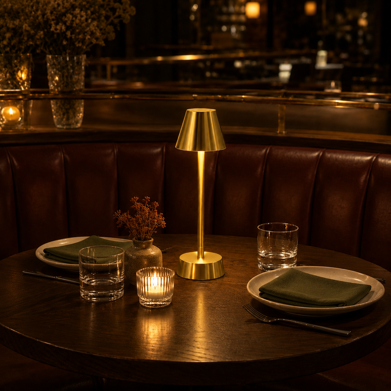 Brass cordless table lamp centered on a dark oak American bistro table