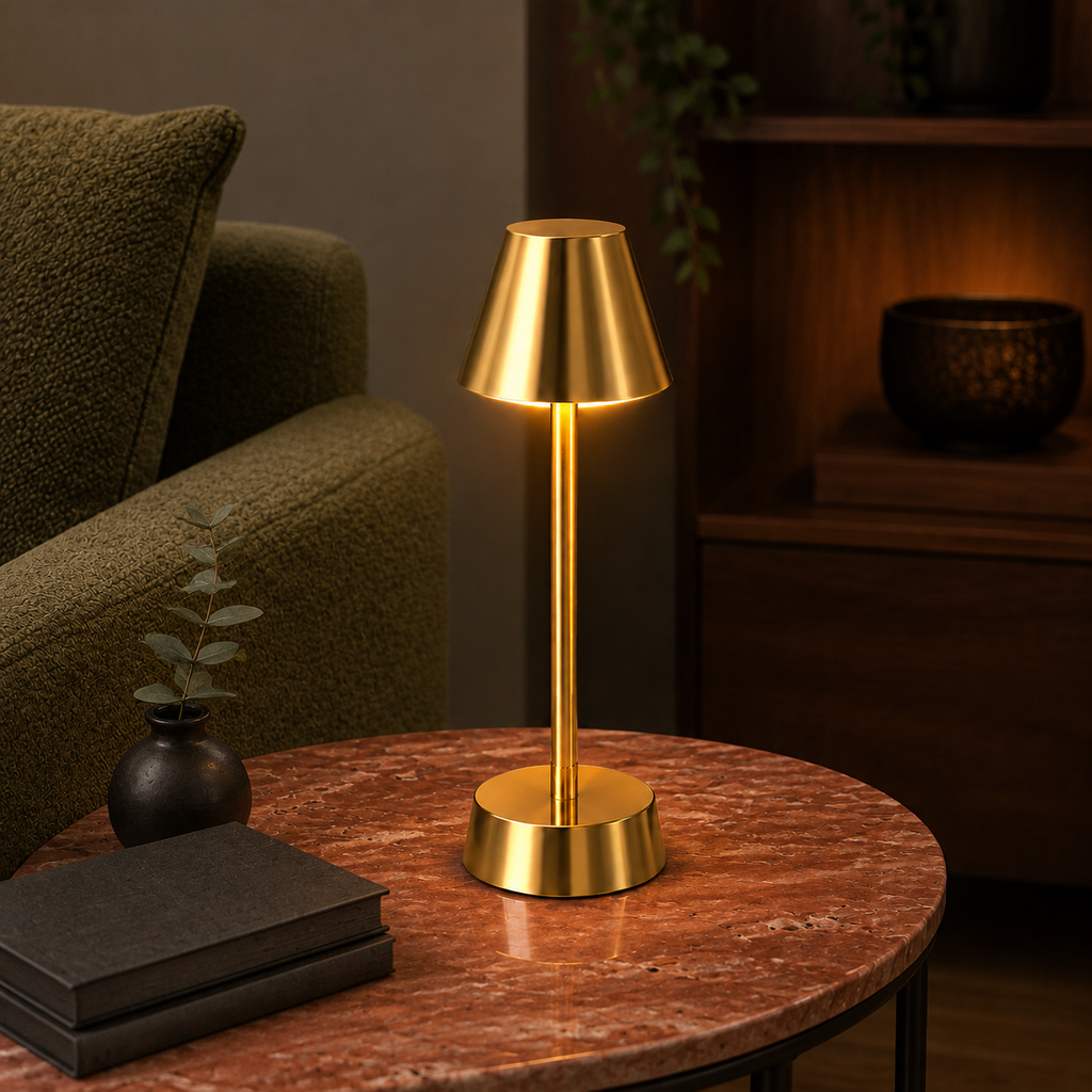 Brass cordless table lamp on a red travertine table in a reading nook