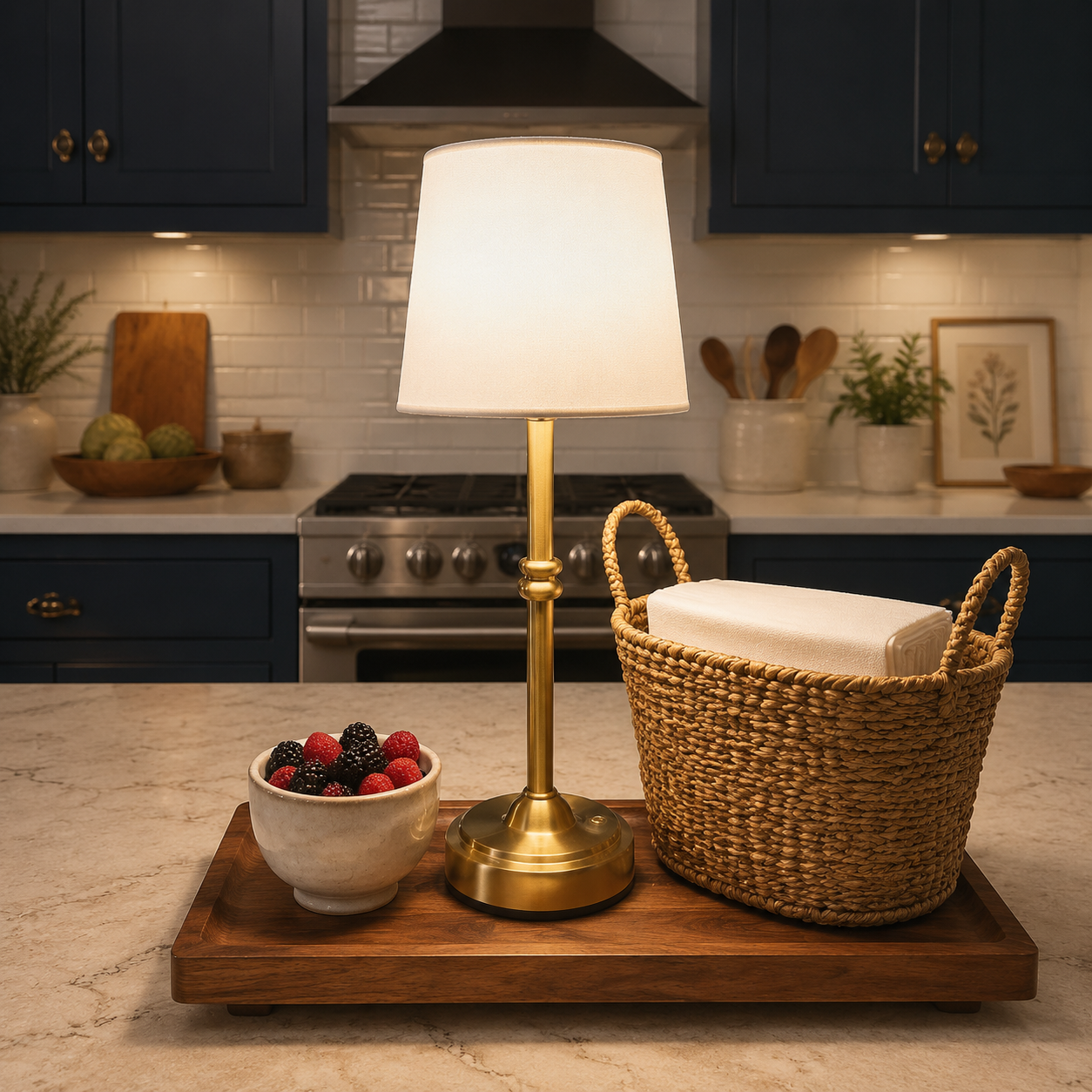 Gold cordless table lamp beside a berry bowl and woven basket on a kitchen island