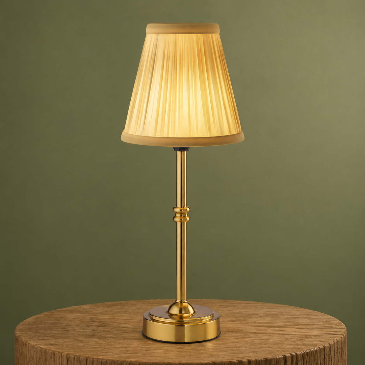 Gold cordless table lamp with silk-look shade on oak against a muted sage backdrop