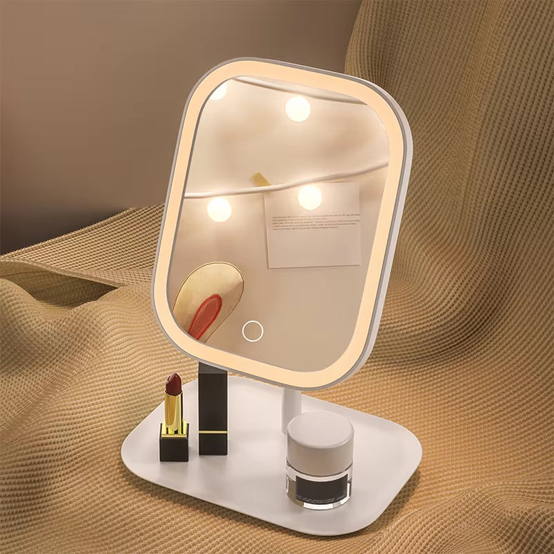 Adjustable height makeup mirror with three light colors