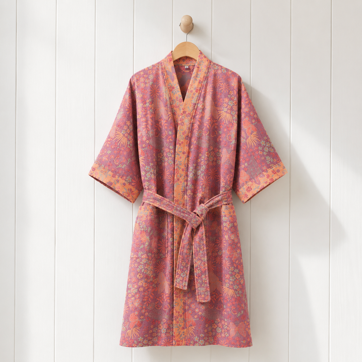 Pink cotton robe with a vintage floral print hangs against a bright paneled background.