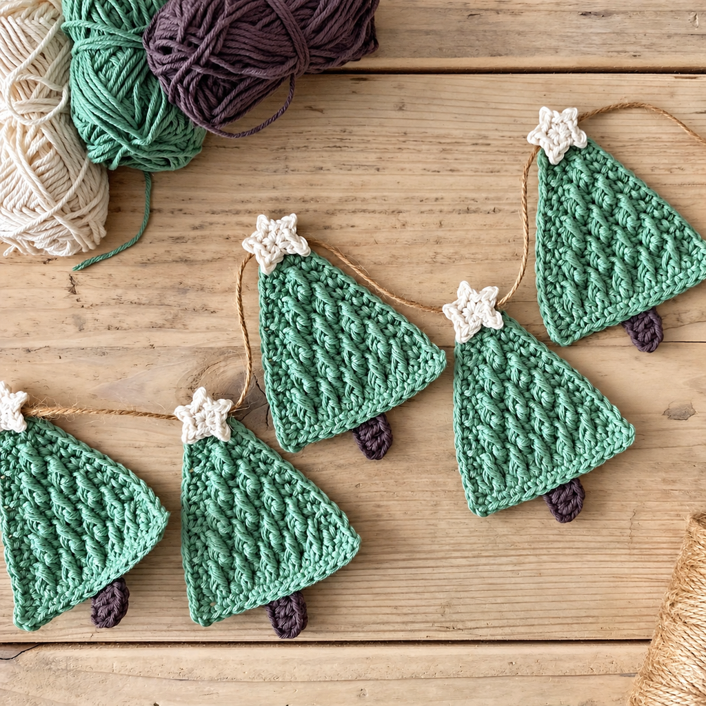 Crochet style Christmas tree garland on a wooden tabletop beside yarn.