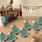 Crochet style Christmas tree garland detail and room display collage.