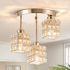Gold ceiling light with three staggered crystal lattice shades