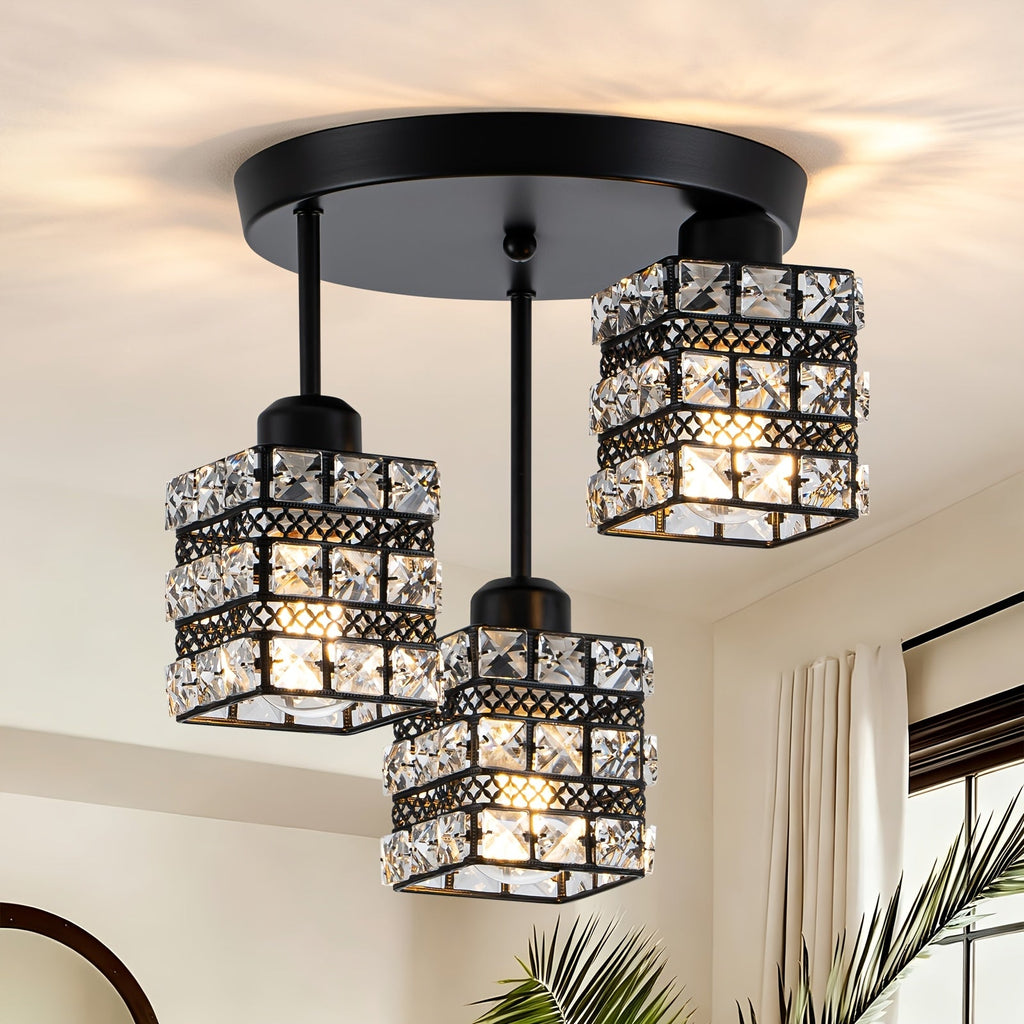 Black ceiling light with three crystal lattice shades in a bright interior