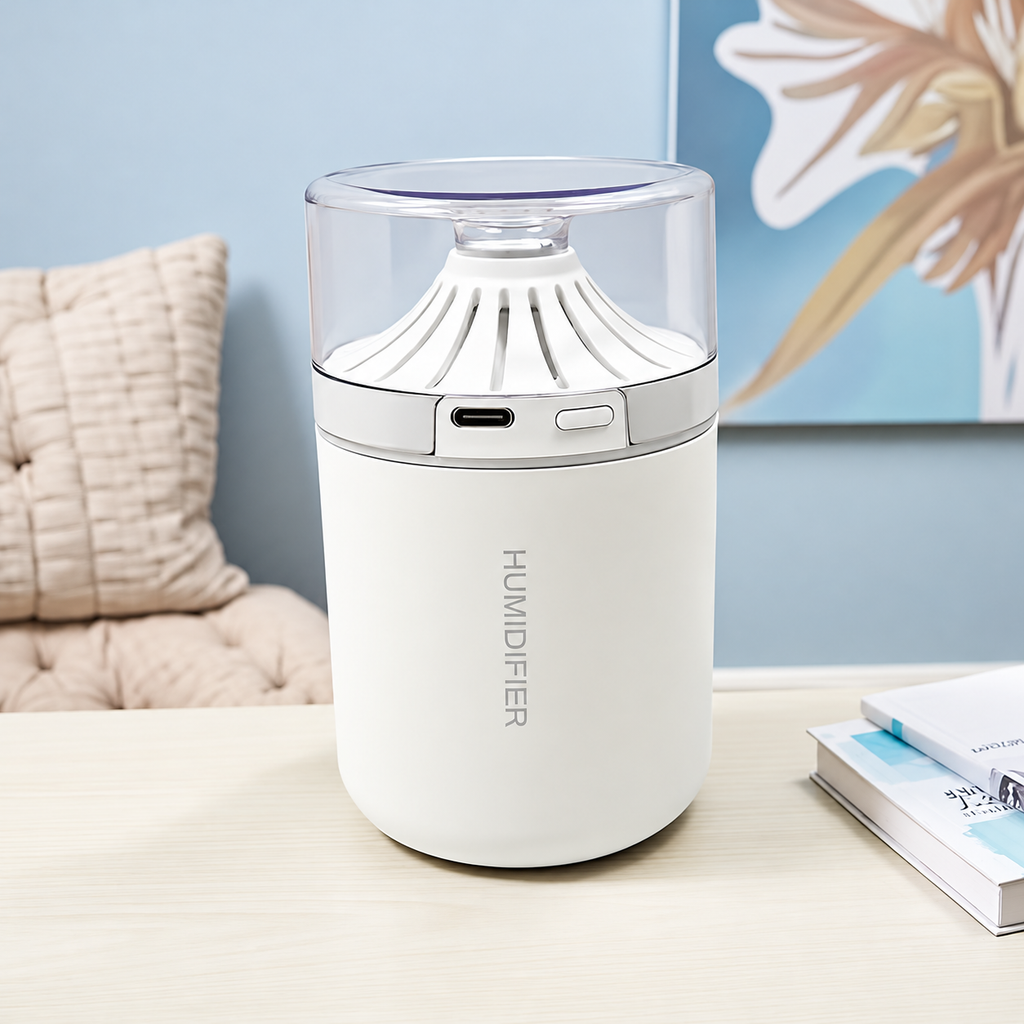 White cup humidifier with a clear upper cover, side USB port and control button
