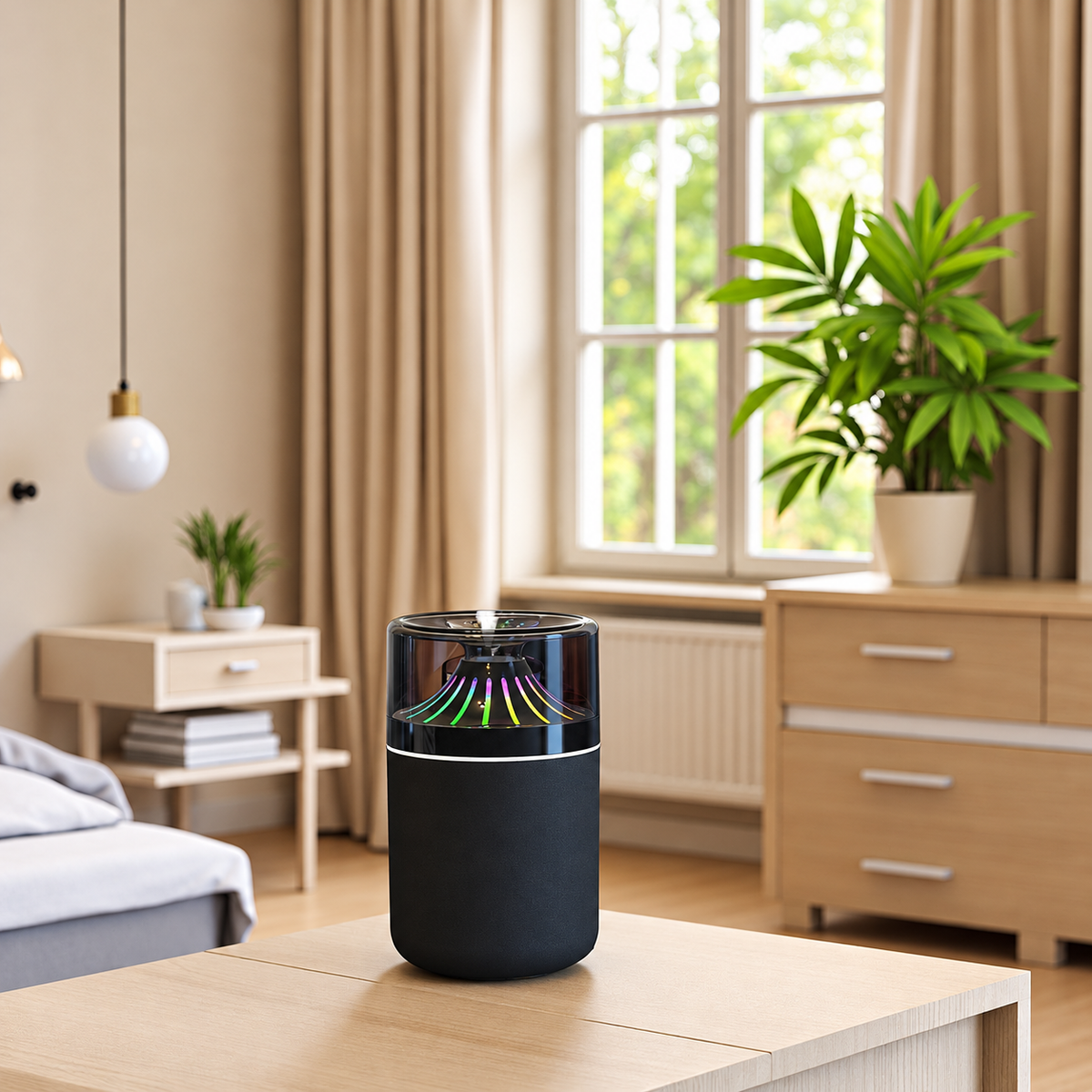 Black cup humidifier on a table beside a window in a beige bedroom