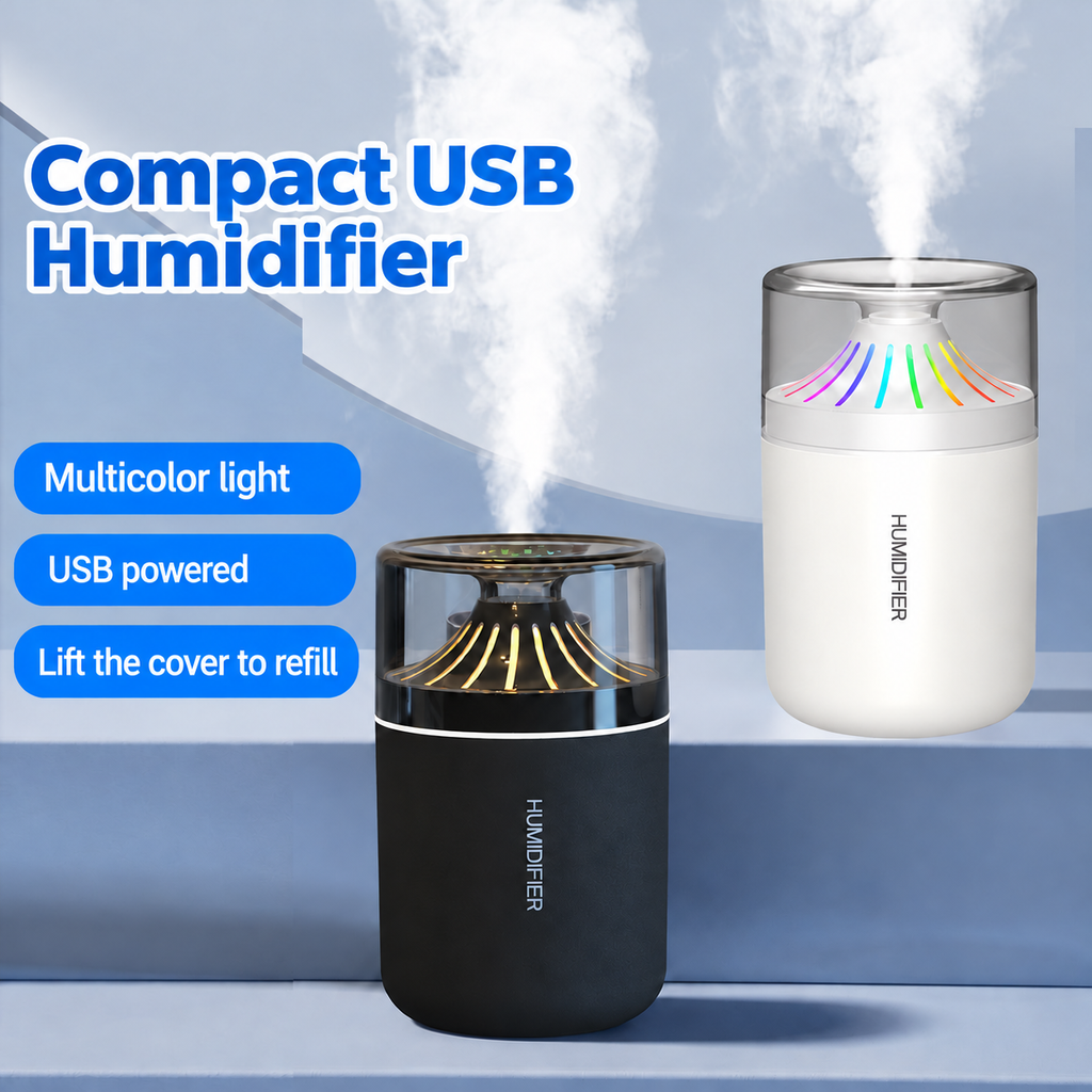 Black and white cup humidifiers with labels for USB power, color lighting and refilling