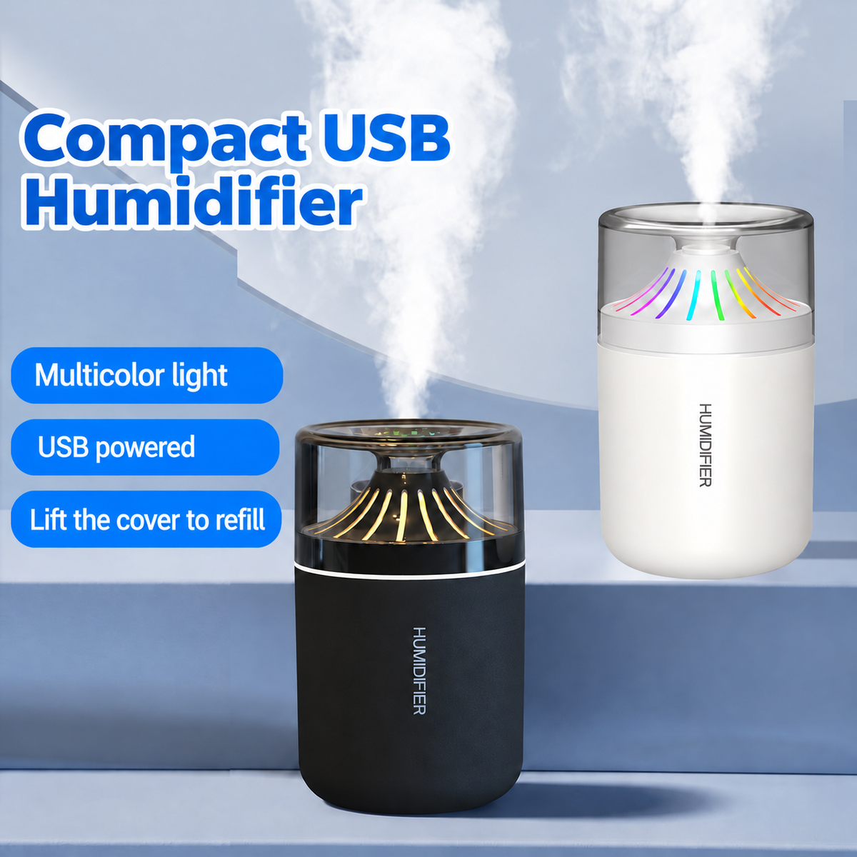 Black and white cup humidifiers with labels for USB power, color lighting and refilling