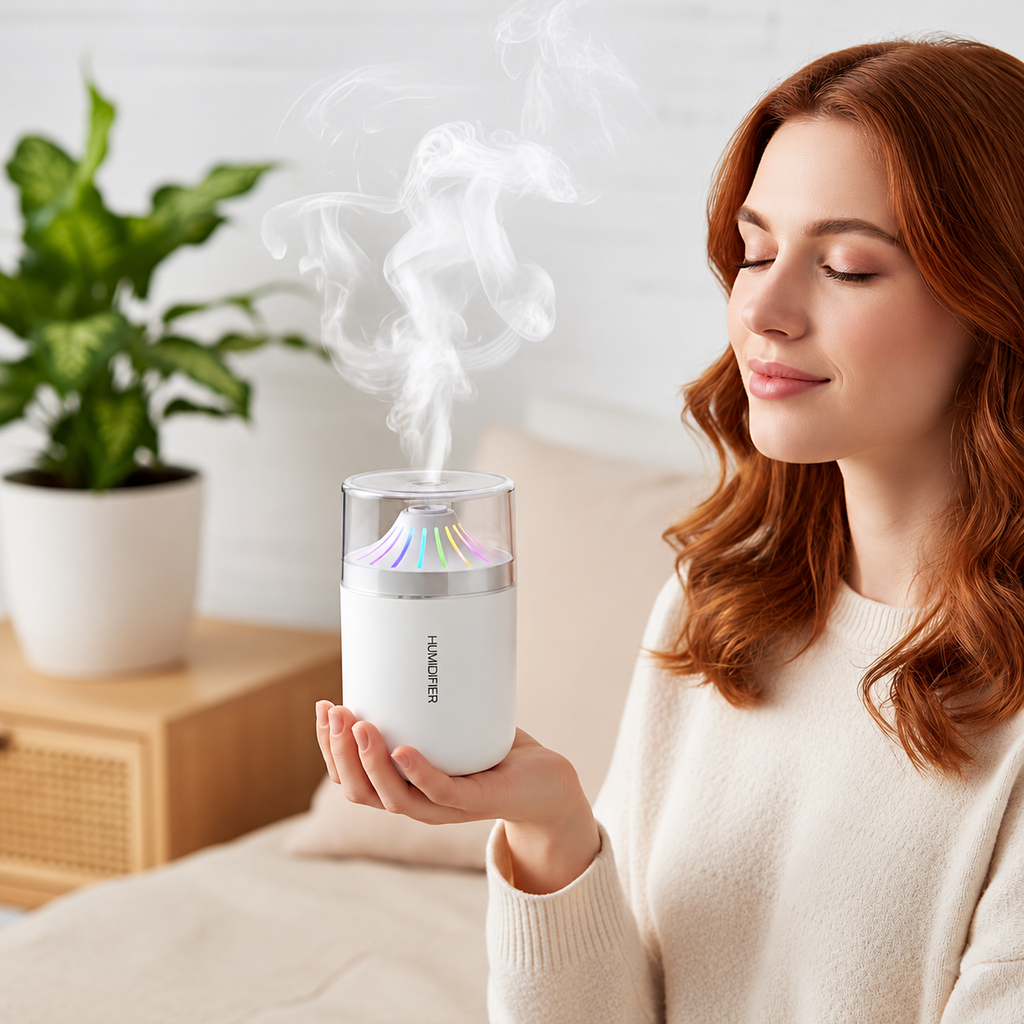 Woman holding a white cup humidifier in a living room